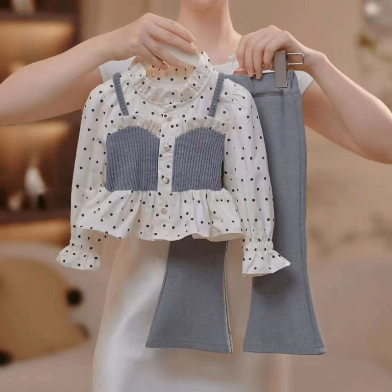 女童春秋套装新款儿童韩版假两件波点上衣休闲喇叭裤两件套6767