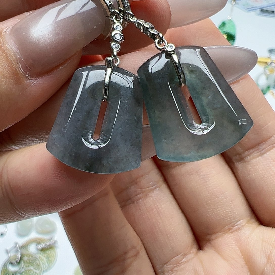 银S925镶嵌翡翠耳饰天然缅甸A货翡翠