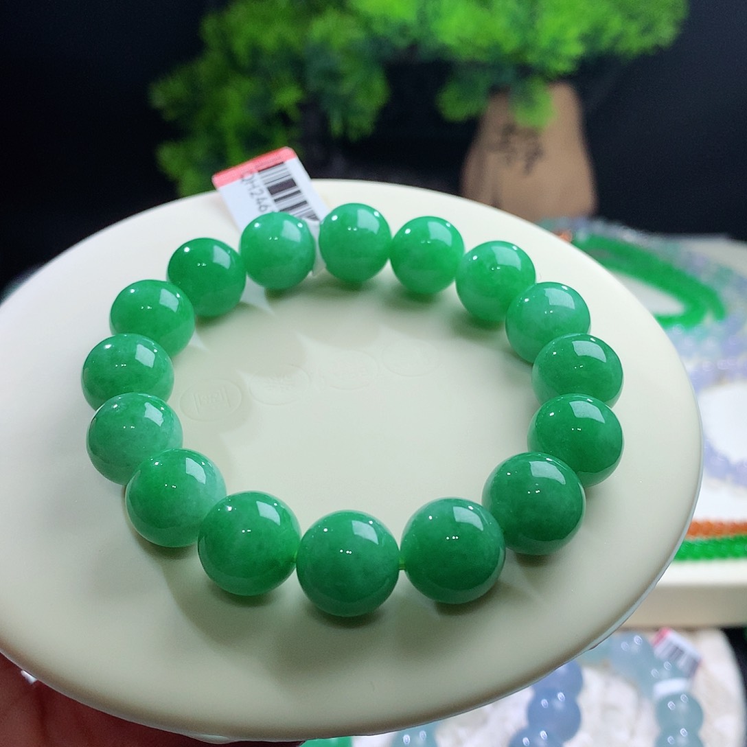 未镶嵌手串翡翠色浓色艳 浓阳果绿 卡12+mm
