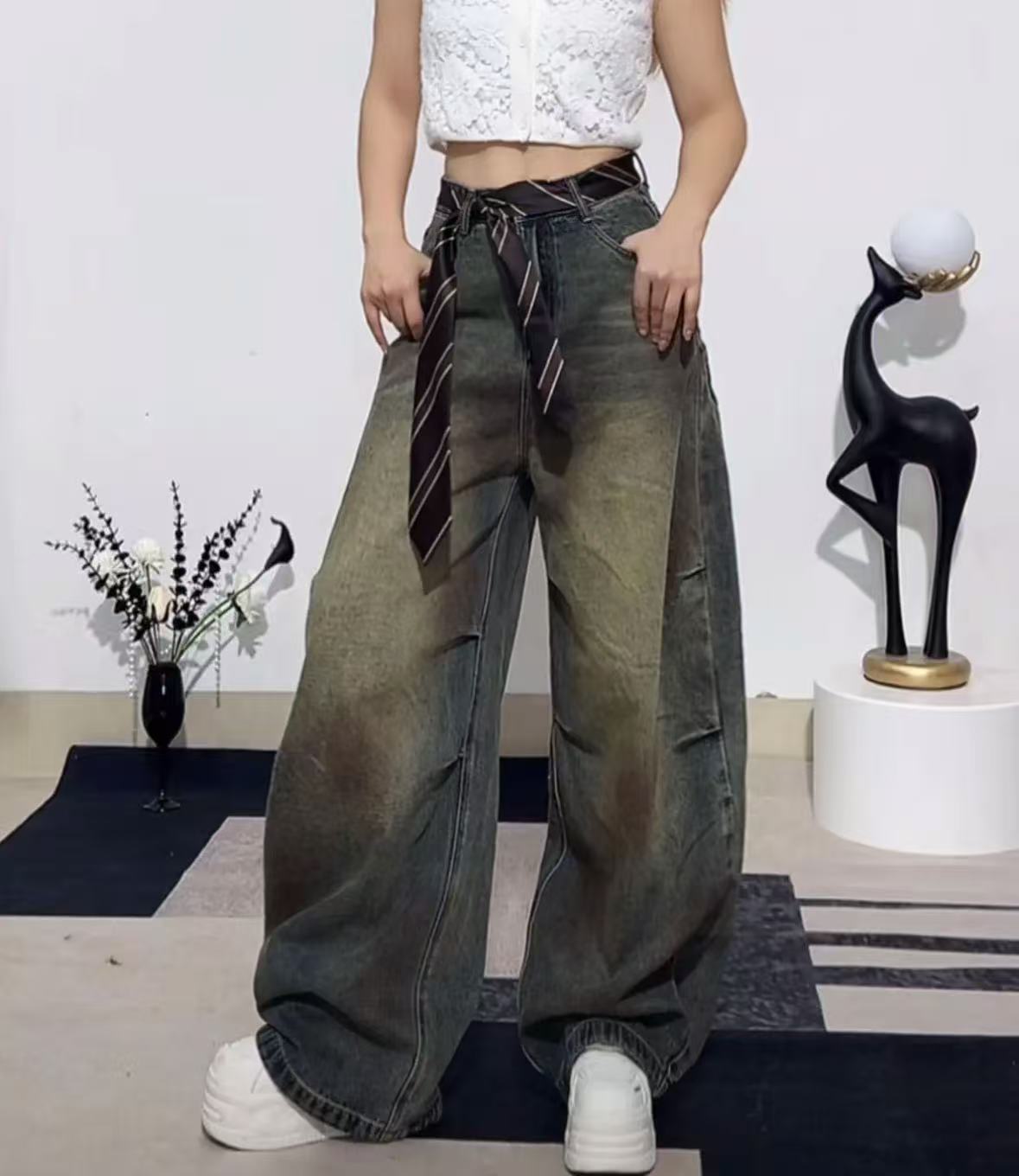 BT秋冬新款8080做旧阔腿裤渐变长裤扎染水洗牛仔裤直筒时尚休闲裤