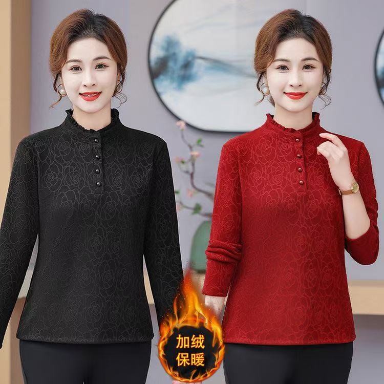 妈妈装冬季新款加绒保暖花边领打底衫时尚洋气大码中老年提花长袖