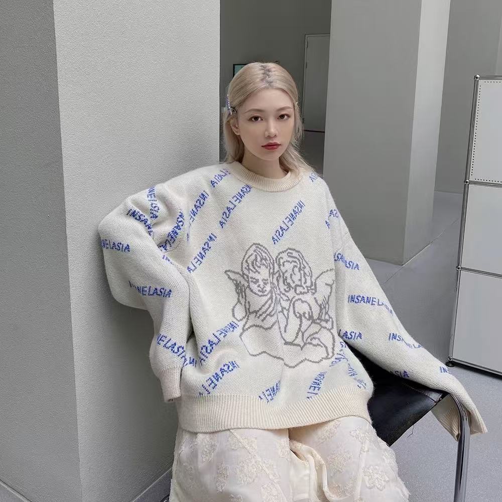 0276 Y833网红套头针织衫秋冬天使满印潮牌上衣慵懒风毛衣8203M