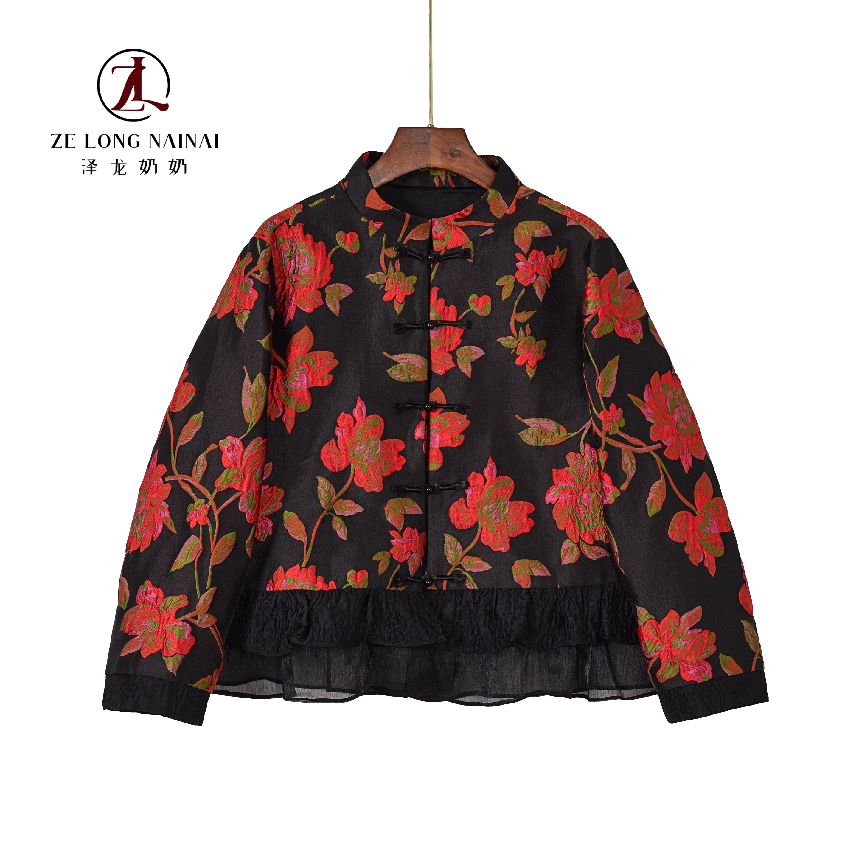 25131花宴复古红花卉提花立领盘扣宽松小众国风外套