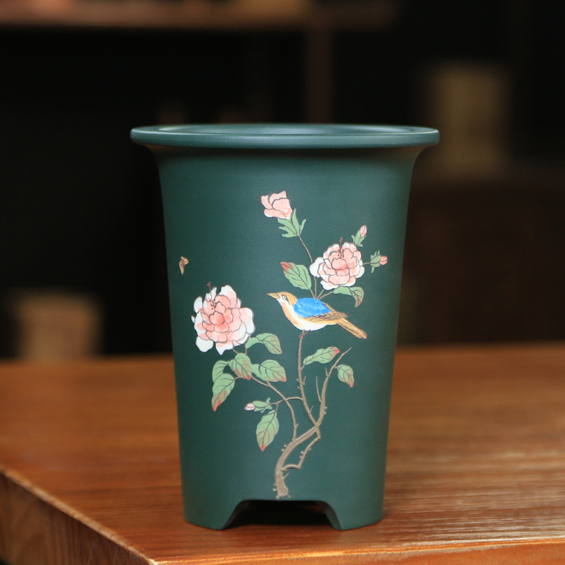 神力紫砂兰花盆绿泥精品泥绘古典春兰建兰翠盖荷绿云宋梅透气盆