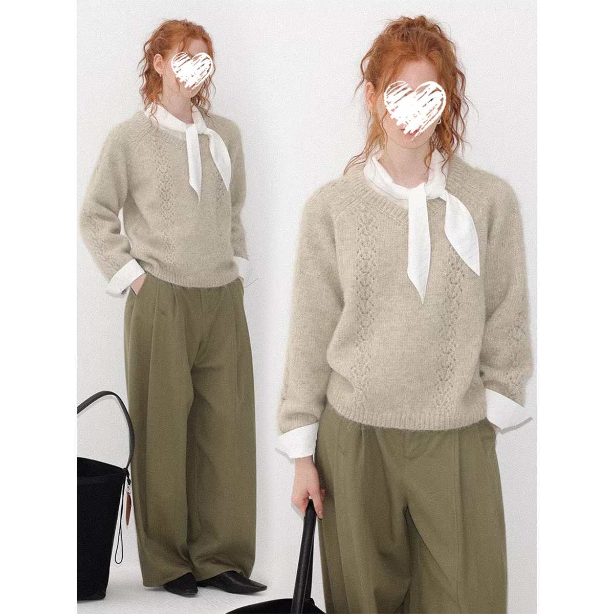 Manman #4071自制时尚套装圆领百搭长袖毛衣+系带白衬衫+休闲裤子