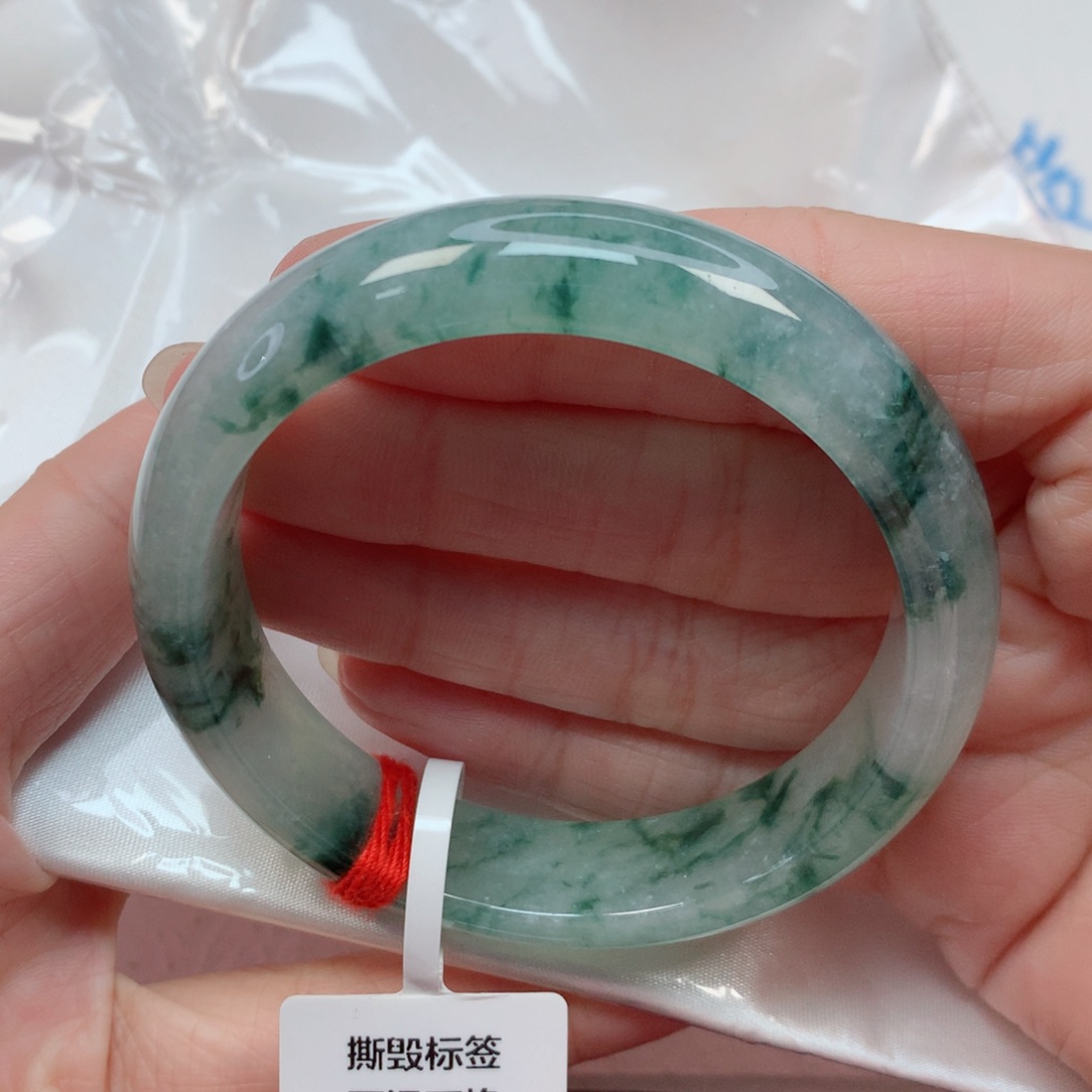 翡翠手镯未镶嵌54.4圈 冰飘海藻绿花 冰胶润