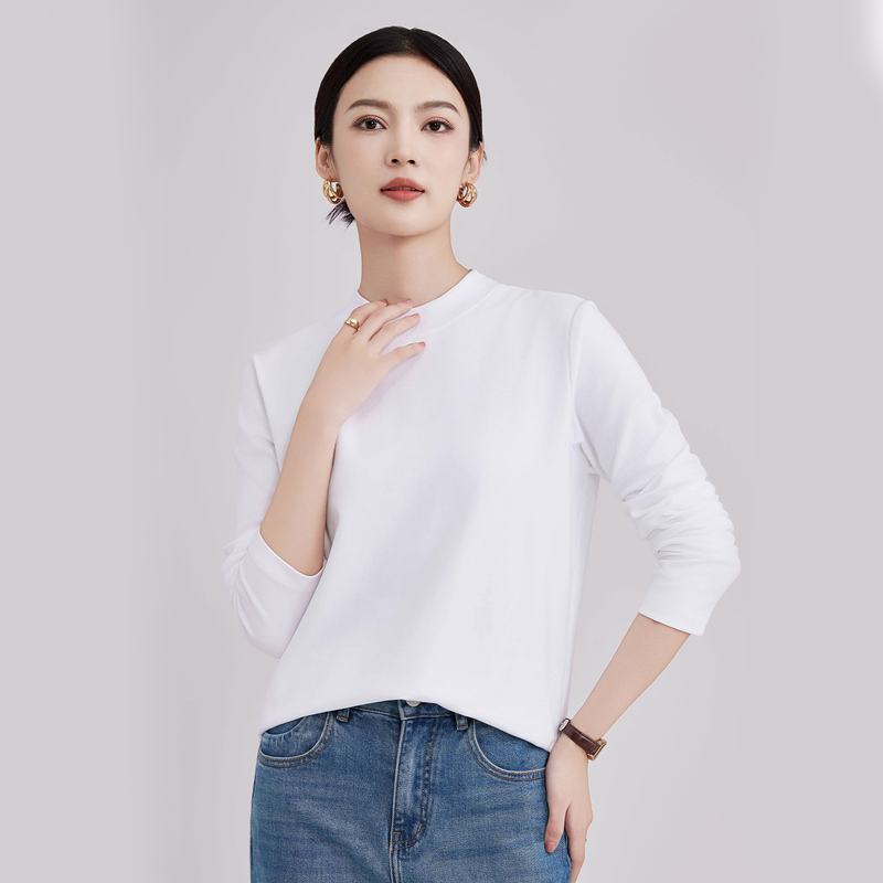 新品女士小半高领80支棉微宽松长袖打底衫