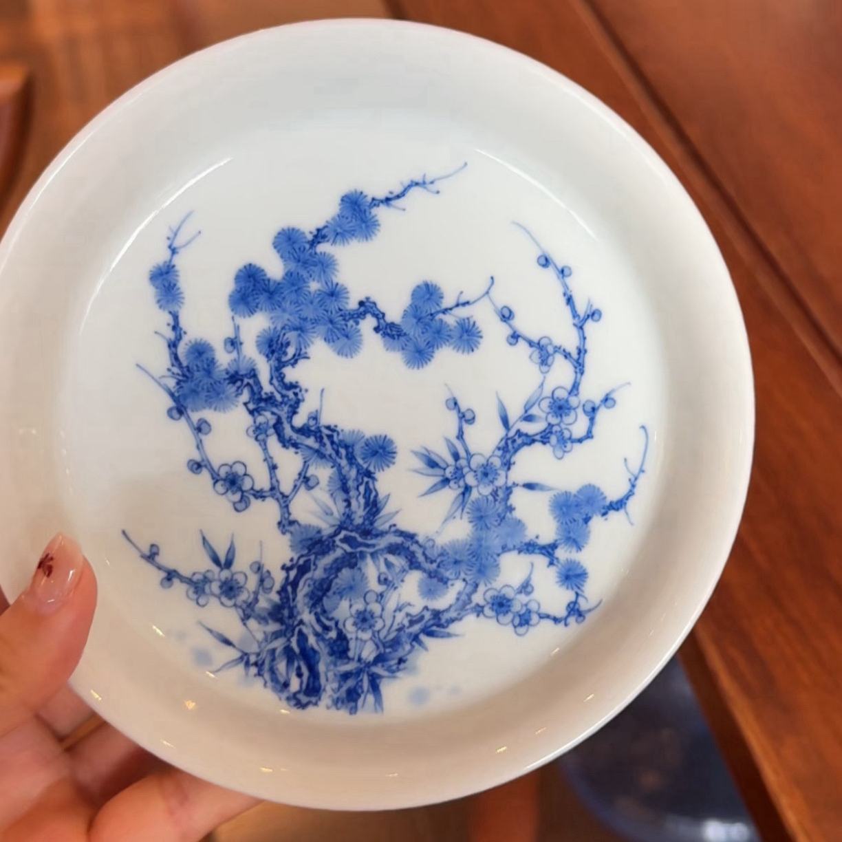 平生一盏柴窑青花松竹梅壶承豆青壶承岁寒三友壶承干泡台陶瓷摆件