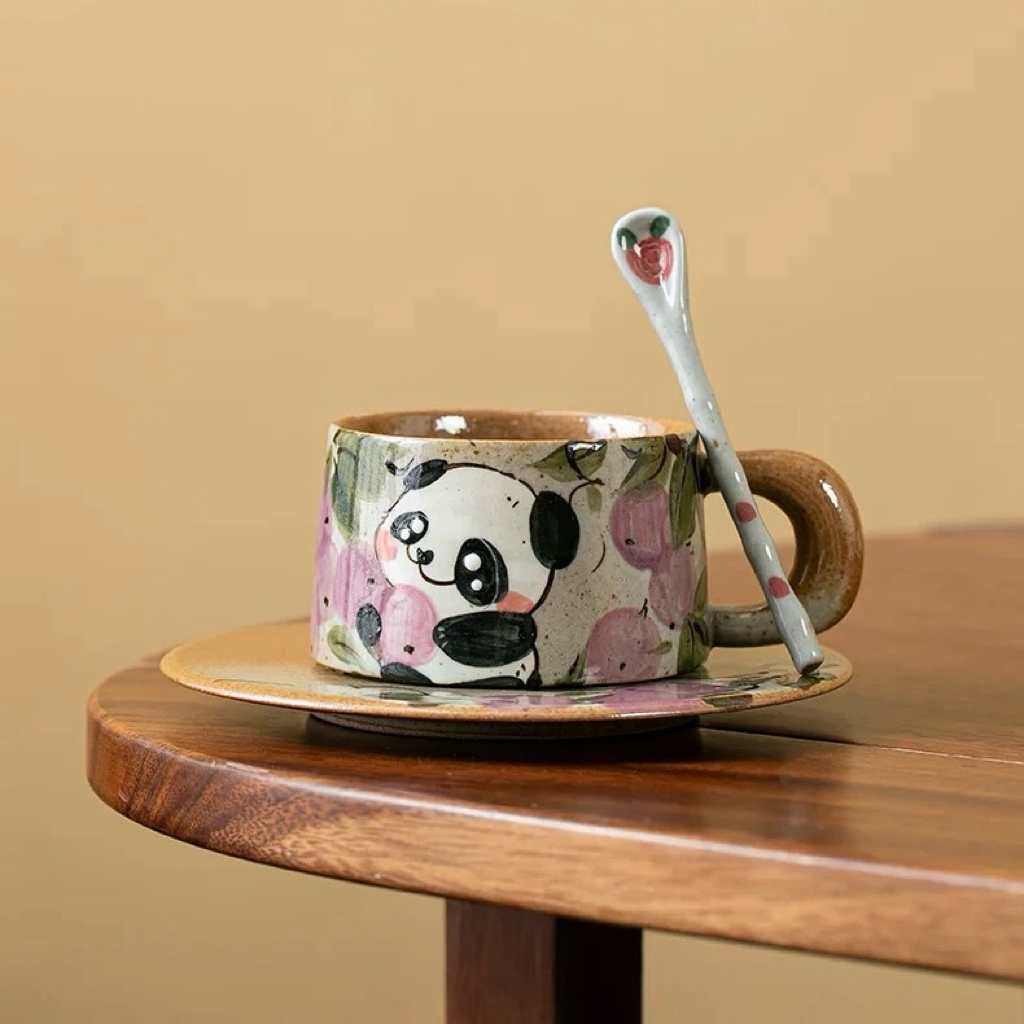 手绘釉下彩熊猫情侣茶杯创意咖啡杯套装马克杯家用陶瓷杯水杯可爱