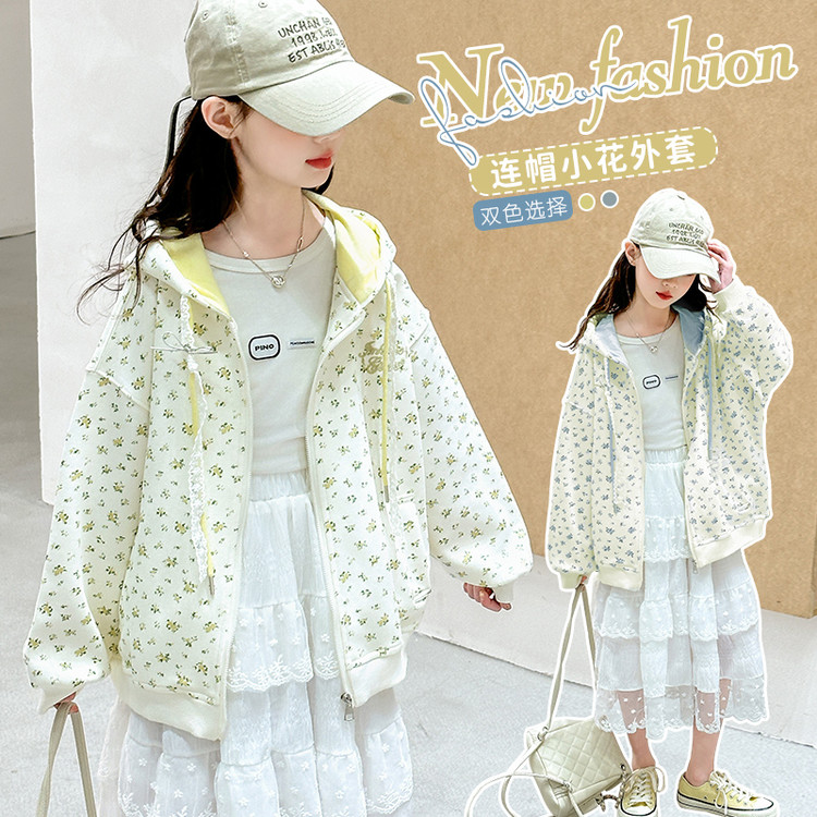 女童拉链衫花朵印花普通外套连帽童装B类外套圆领双色休闲