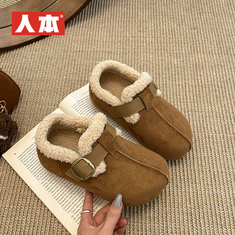 人本羊羔绒勃肯鞋女鞋2025冬季新款保暖平底雪地靴棉鞋