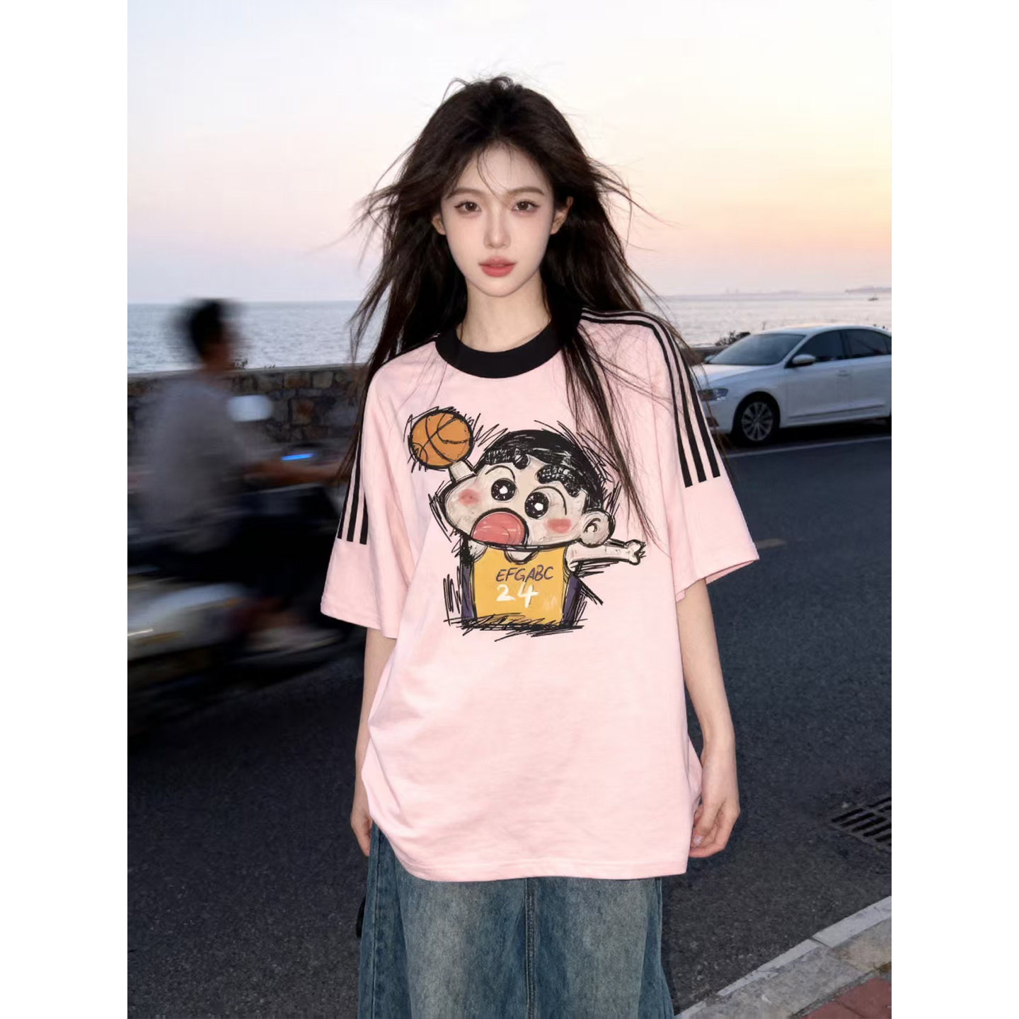 2026夏季美式粉色蜡笔小新纯棉潮牌三条杠撞色内搭短袖T恤女上衣