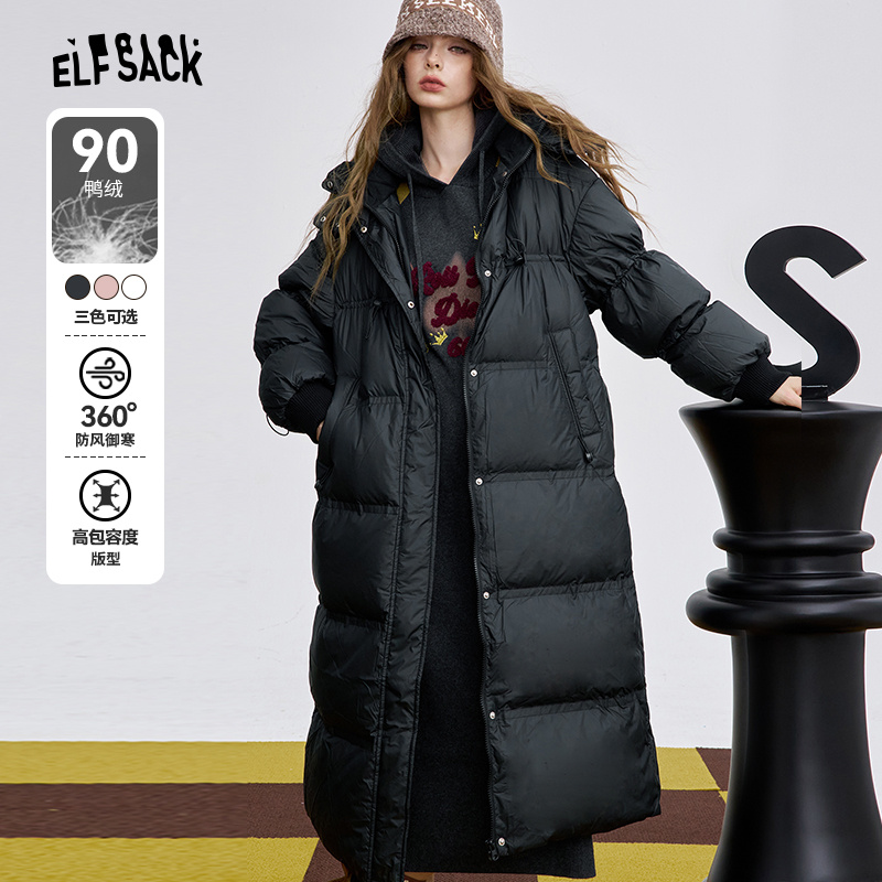 【小美女装】妖精的口袋黑色亮面连帽长款羽绒服女2025年秋冬新