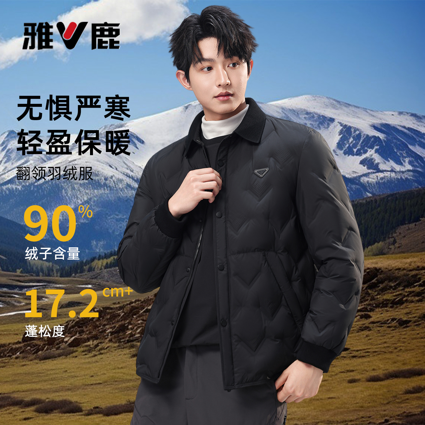 V/雅鹿短款鹅绒男士秋冬轻盈翻领保暖上衣绗缝常规款防风羽绒服