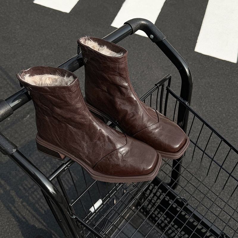 WGW839/4cm/静音底复古中跟女方头小众短靴新款爆款粗跟瘦瘦靴女