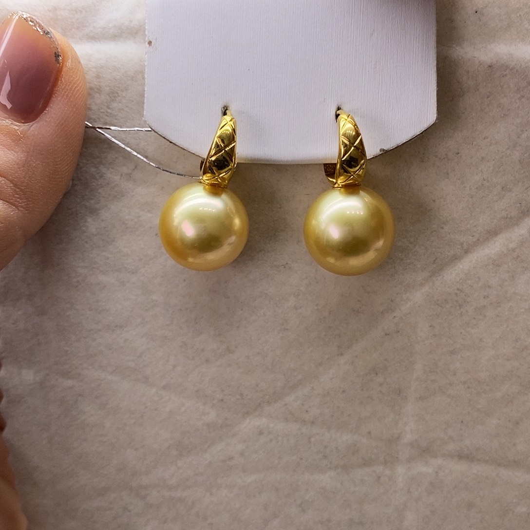 海水珍珠耳饰18K金镶嵌南洋金珠12-13m m