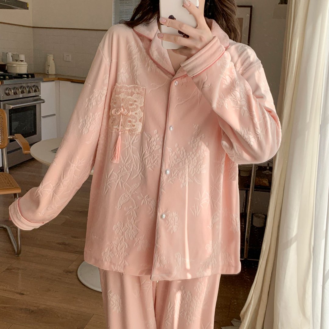 【刺绣高定】海岛绒睡衣女秋冬新款加绒保暖家居服时尚套装女外穿