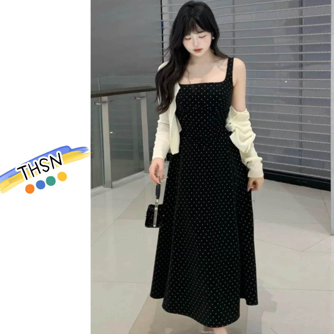THSN定制大码女装纯色波点吊带裙开衫套装9275/9275-1