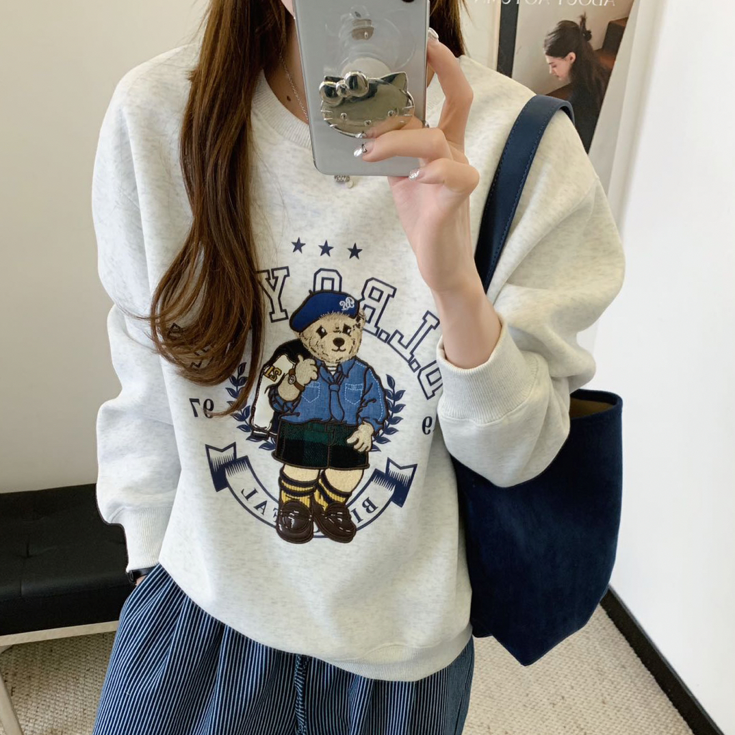 领带熊重工刺绣圆领长袖修身版卫衣女装套头长袖韩版卫衣纯棉百搭