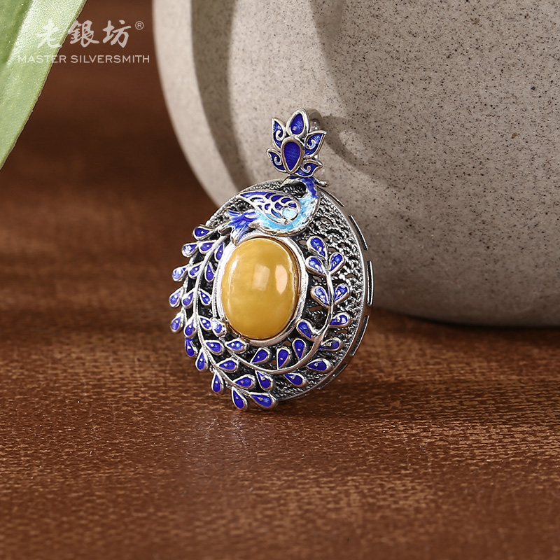 【老银坊】s925银珐琅蜜蜡凤凰纳福牌吊坠00231704