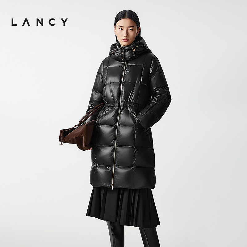 【匈牙利白鹅绒】LANCY/朗姿2025冬季新款连帽中长款高端羽绒服