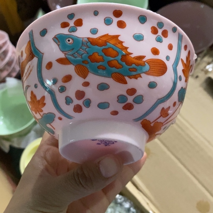 摆件陶5寸红稀土红绿彩鳜鱼碗