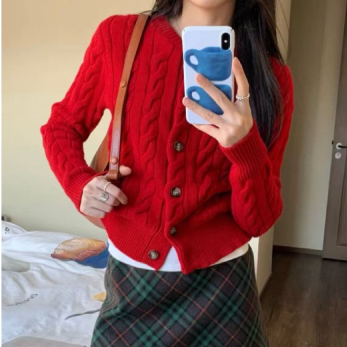 小马粗麻花全棉针织7扣开衫（12个色）