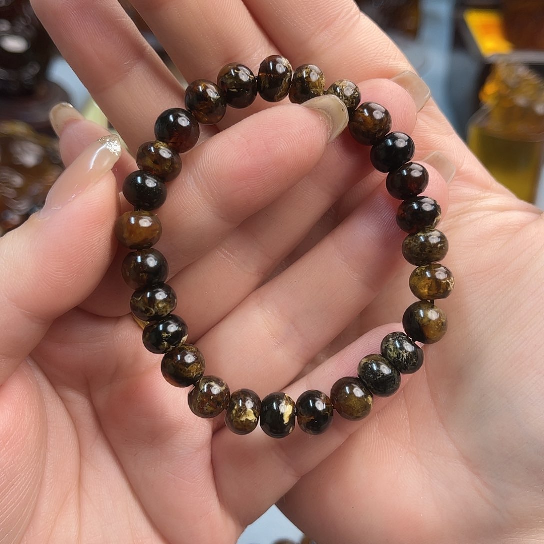琥珀手链未镶嵌抚顺琥珀黑花手串8+