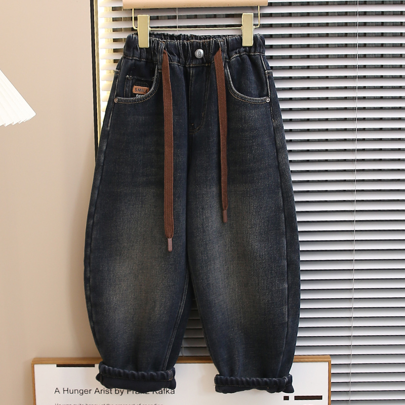 【欢欢优选】2025冬季新款中大童时尚韩版深蓝色加绒牛仔长裤246