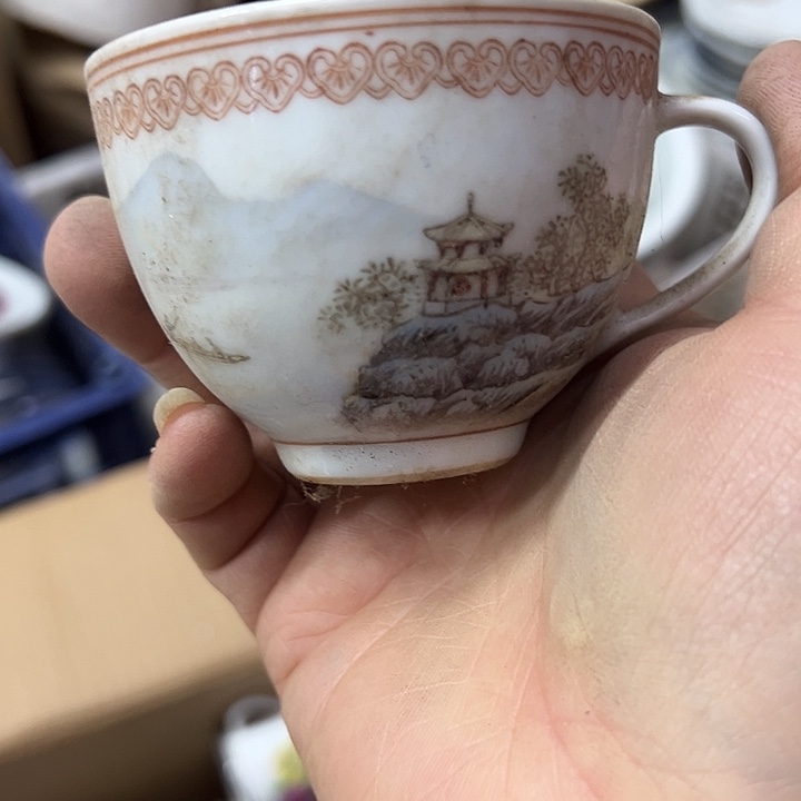 陶摆件手绘山水耳杯