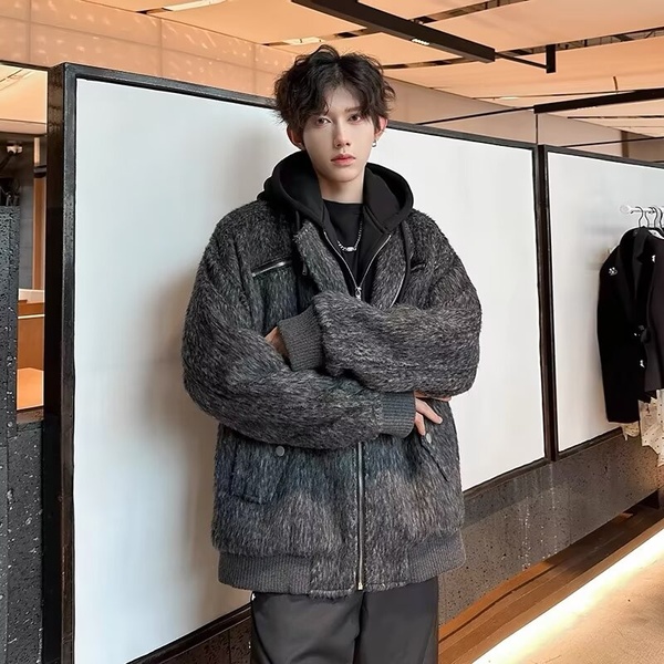 新款潮冬季假两件拼接加厚毛呢夹克男韩版潮流牌痞帅夹棉连帽宽松