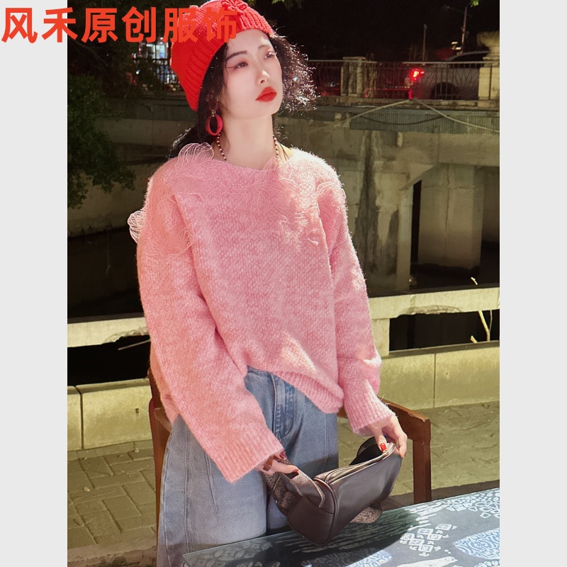 风禾原创【98616】冬季新款时尚百搭显瘦圆领立体钩花纯色套头衫女
