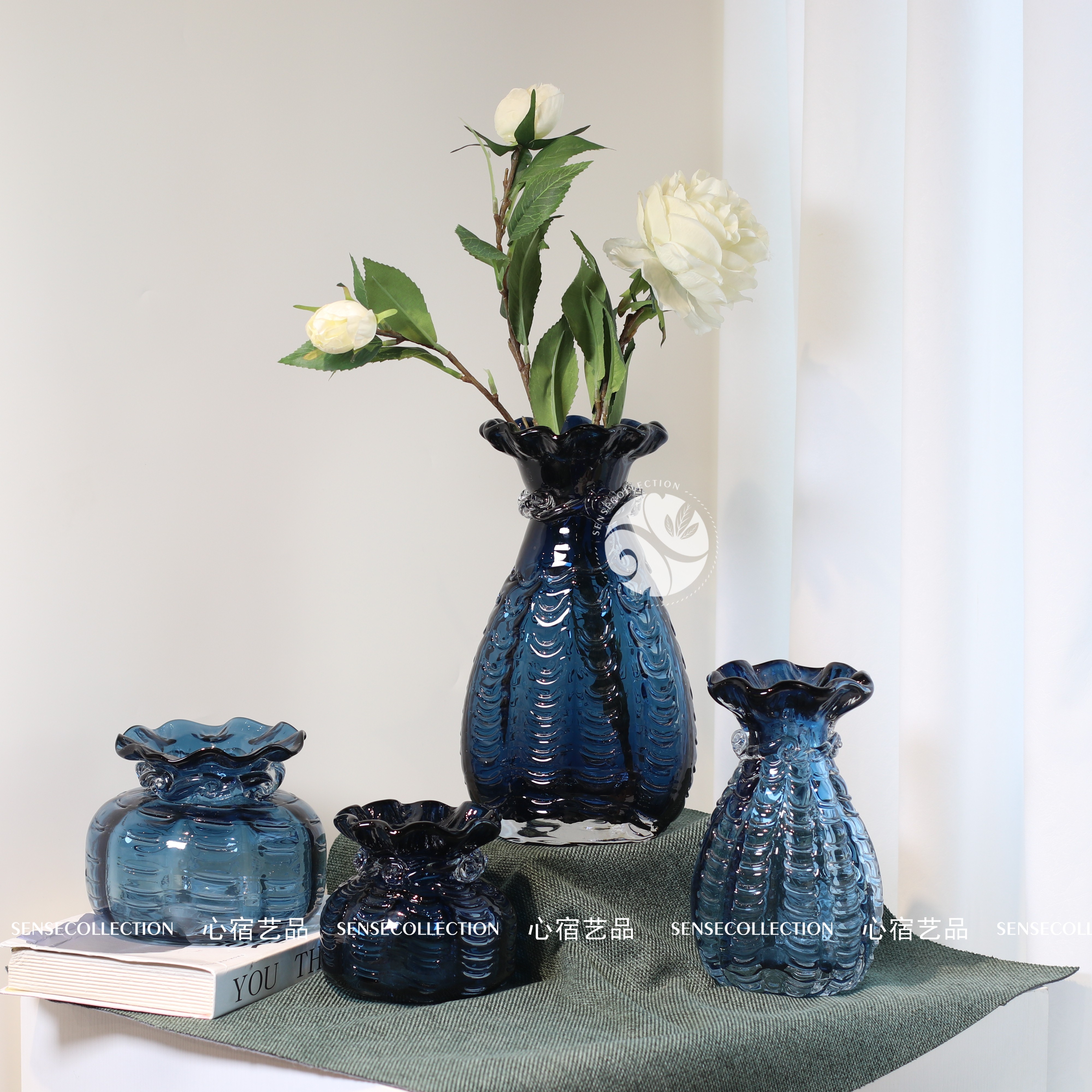 法式复古大号花瓶水晶琉璃花瓶ins风蓝色钱袋子手工制作客厅装饰