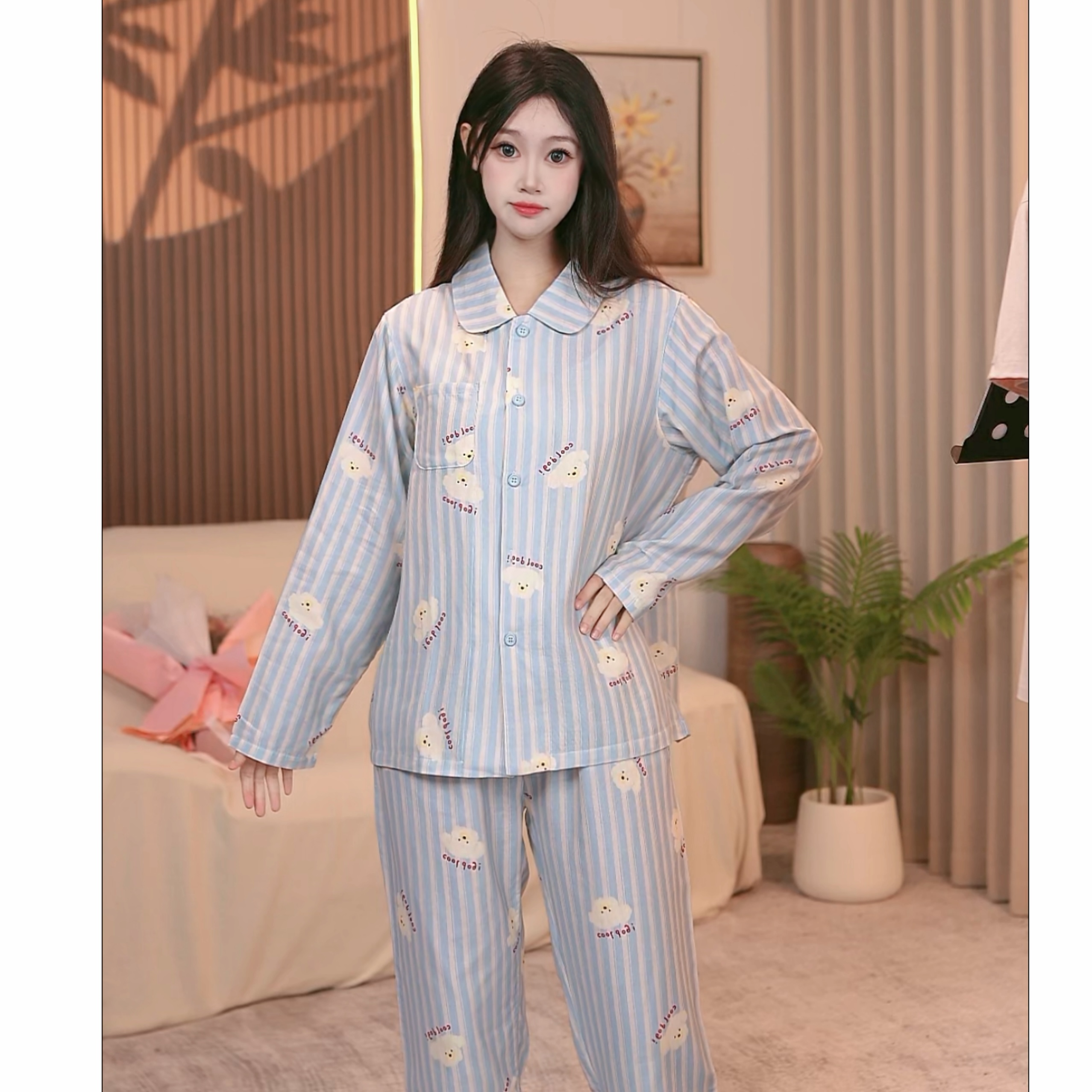 【蓝白小狗】春秋款蓝色纯棉长袖宽松女士睡衣家居服套装AFF