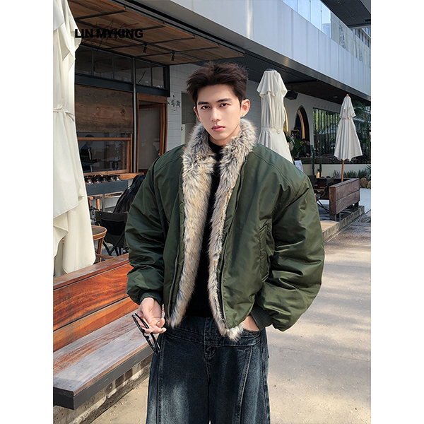LIN MYKIN 座山雕毛领休闲宽松棉服冬季加厚保暖飞行夹克外套男