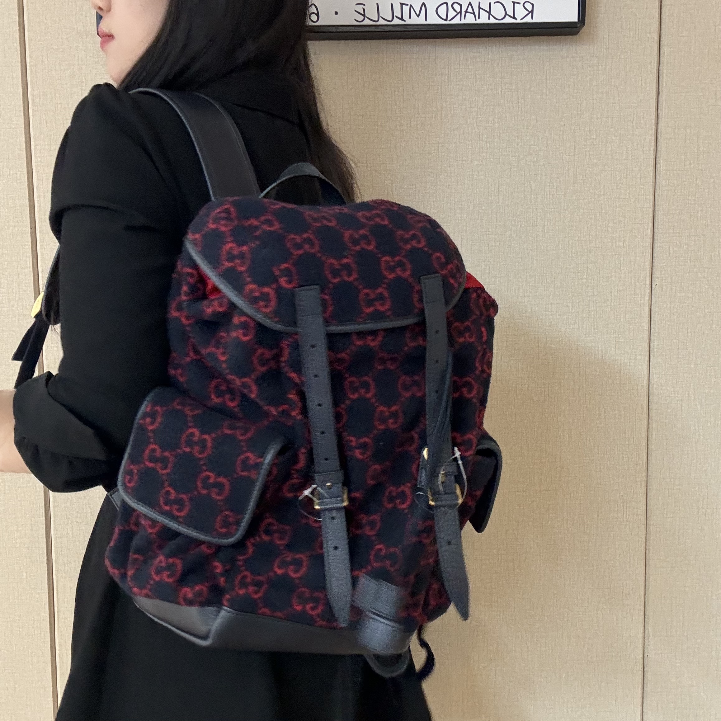 95新 GUCCI/古驰 满印黑红双肩包/云海优选/H03635