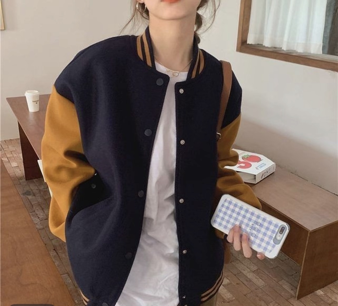 美式棒球服 宽松长袖拼接复古