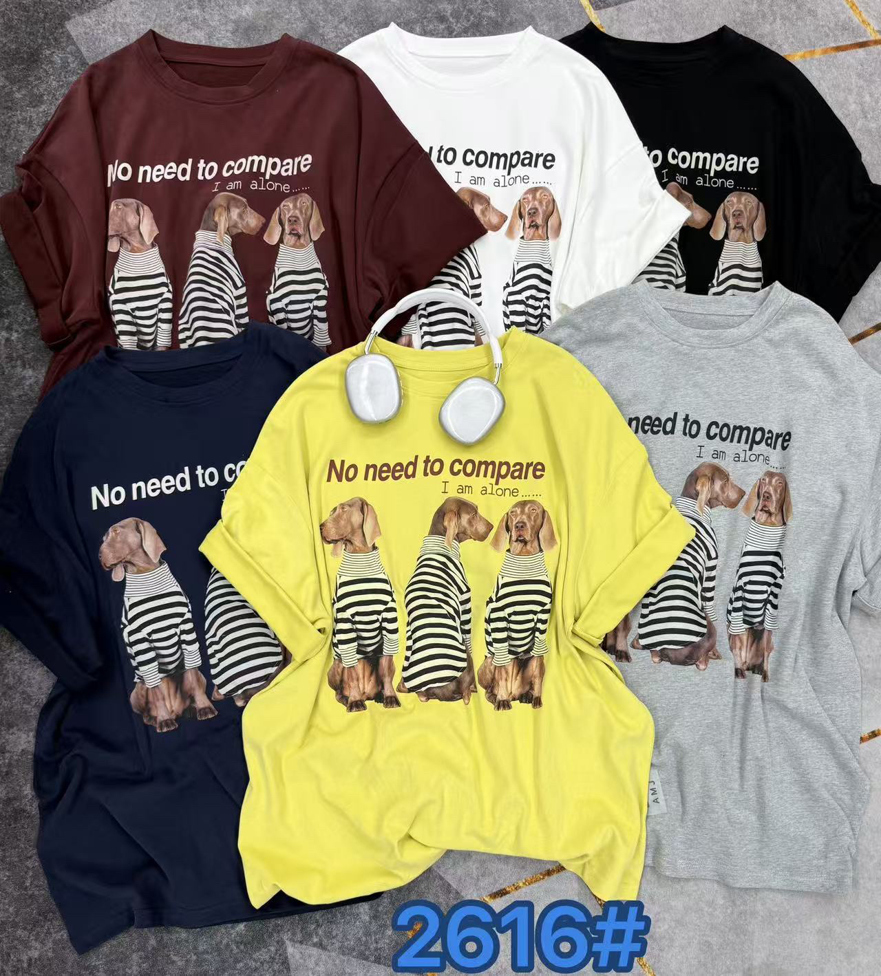 LIN美人女装杂货铺  慵懒风百搭宽松条纹小狗大码短袖圆领T恤