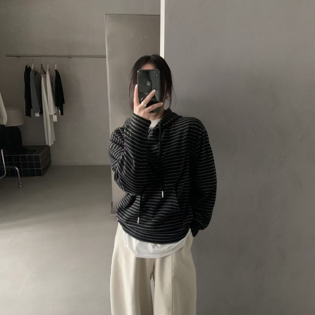 C/81800 韩系简约休闲条纹磨毛连帽卫衣 9-10