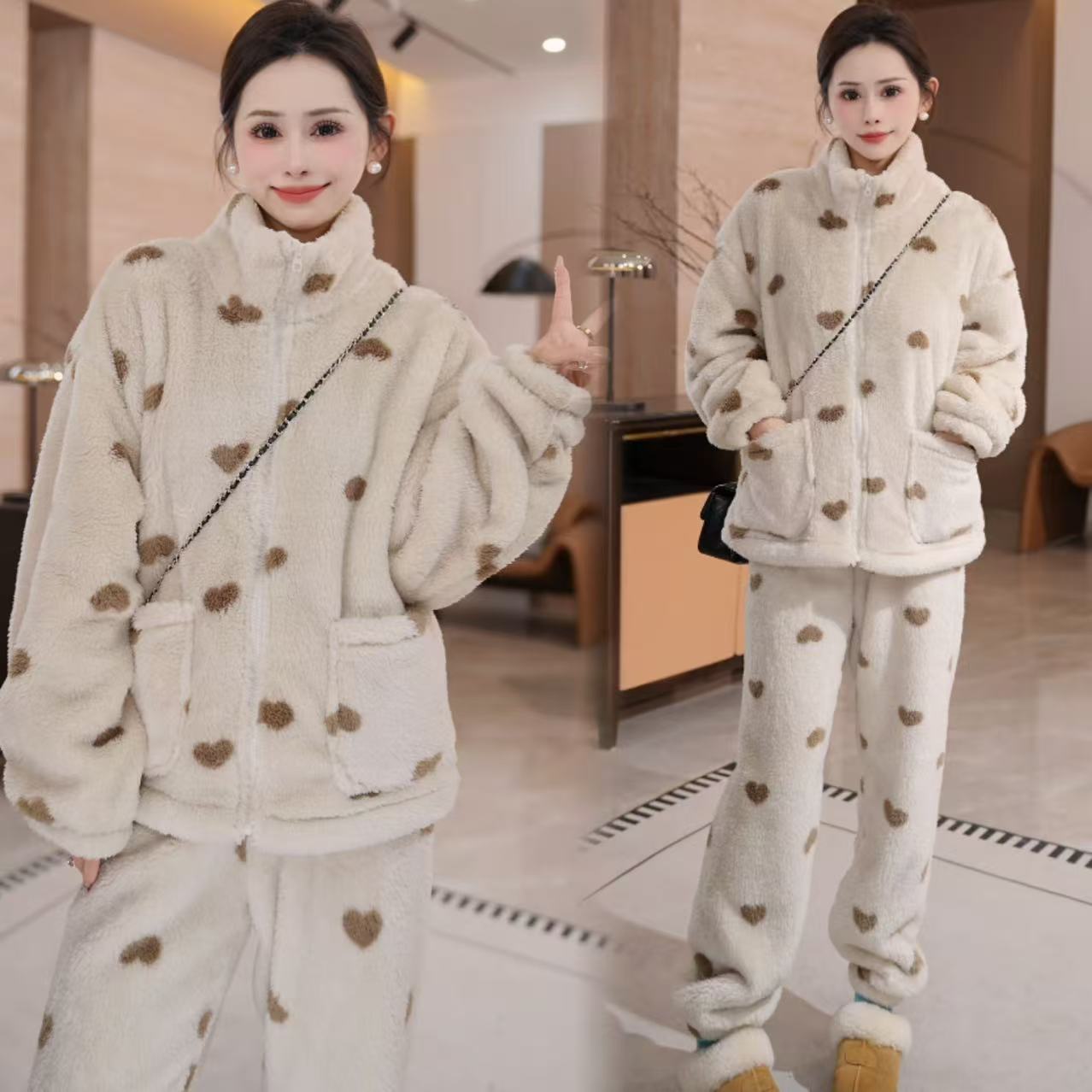 可外穿舒适保暖立领爱心印花睡衣套装女士冬季宽松加绒加厚两件套