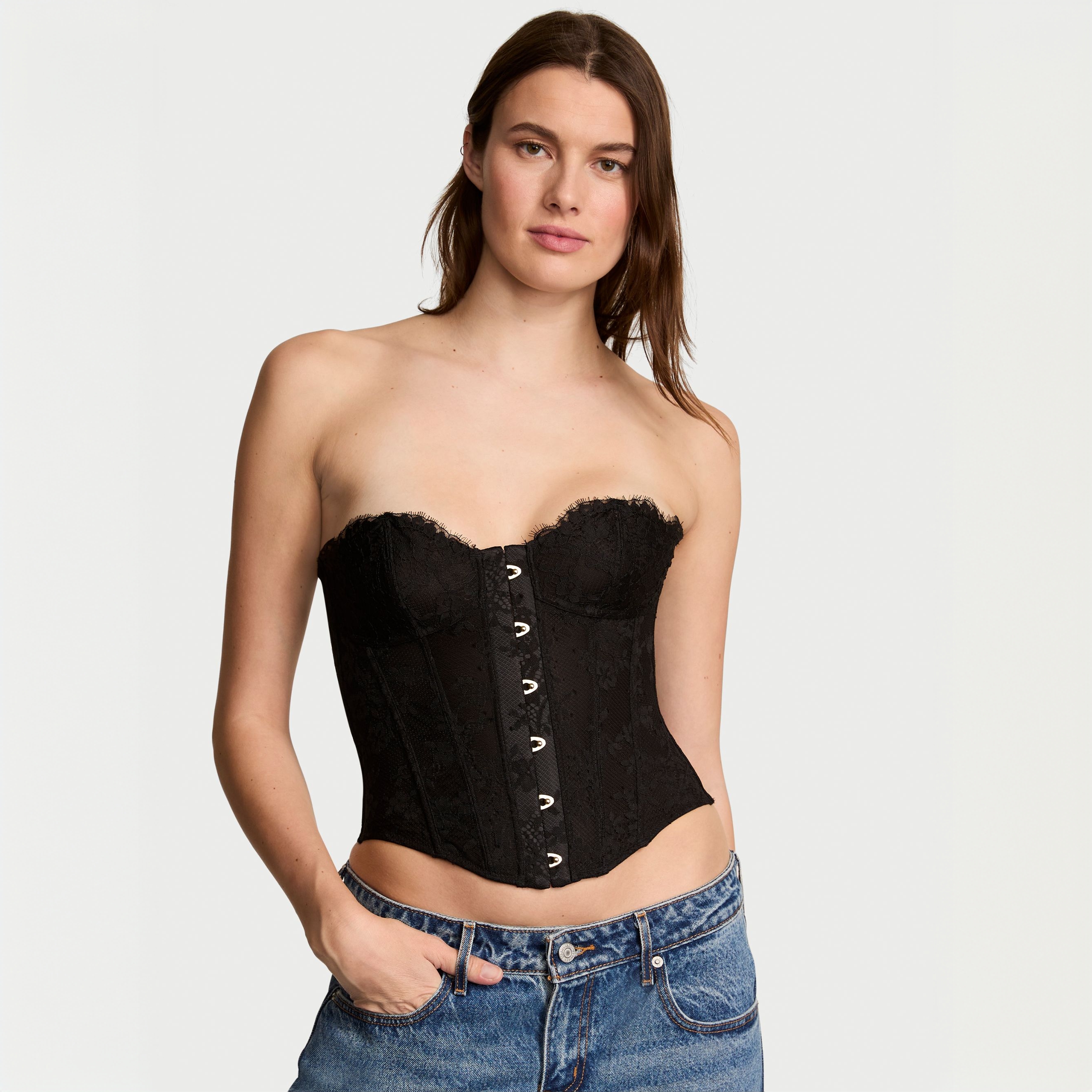 【维密·蕾丝镂空鱼骨胸衣】花漾蕾丝无肩带紧身胸衣上衣