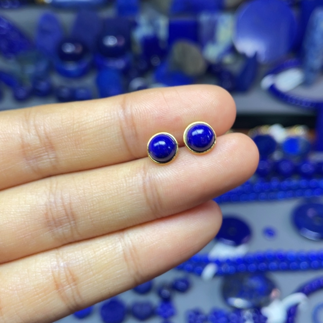 青金石银S925镀金镶嵌7mm耳饰