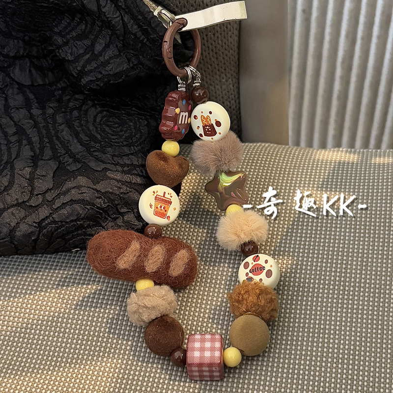 自制ins风羊毛毡法棍面包M豆咖啡串珠手机链挂绳ccd包包挂饰可爱