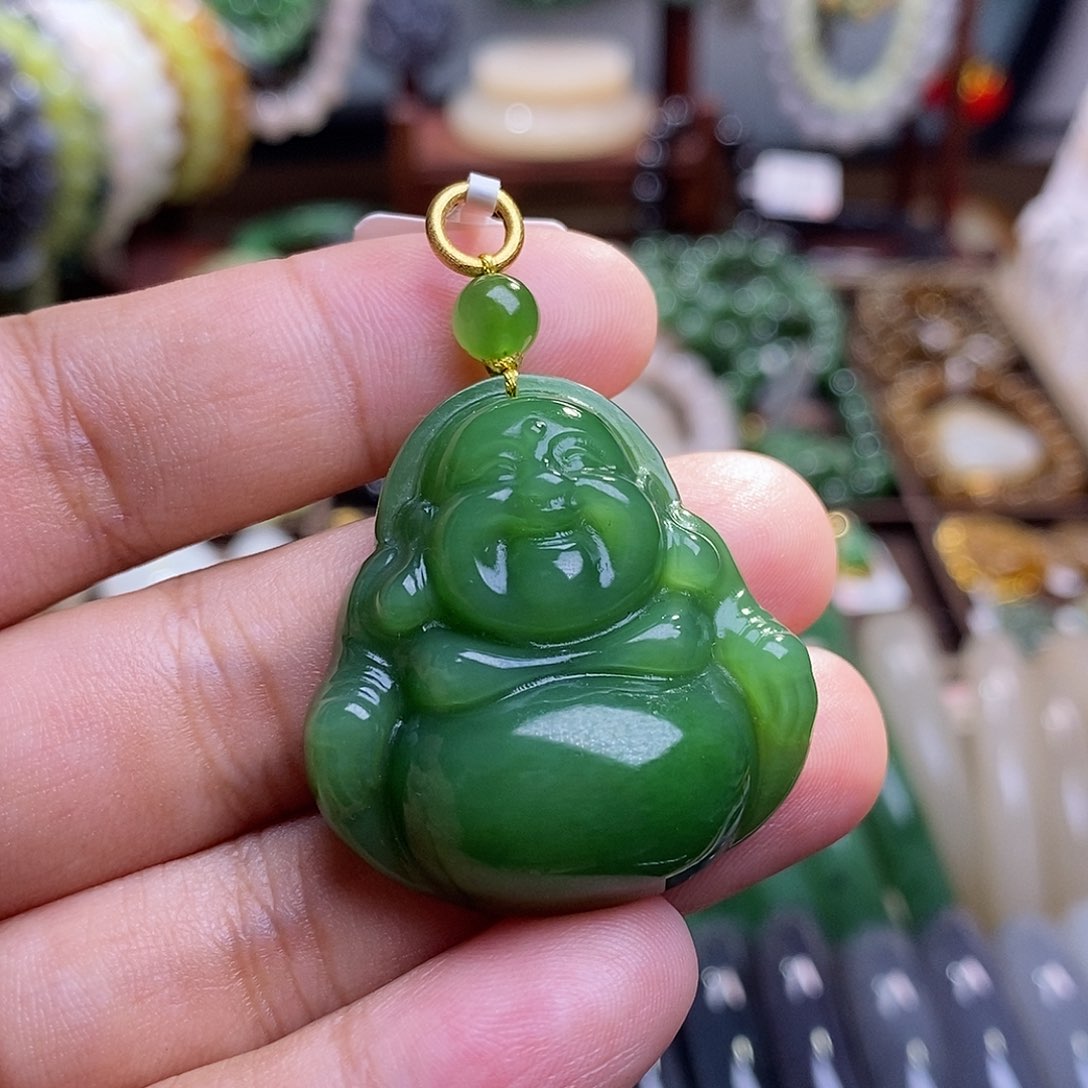和田玉毕业级碧玉俄料高冰老矿料金镶菠菜绿佛公未镶嵌