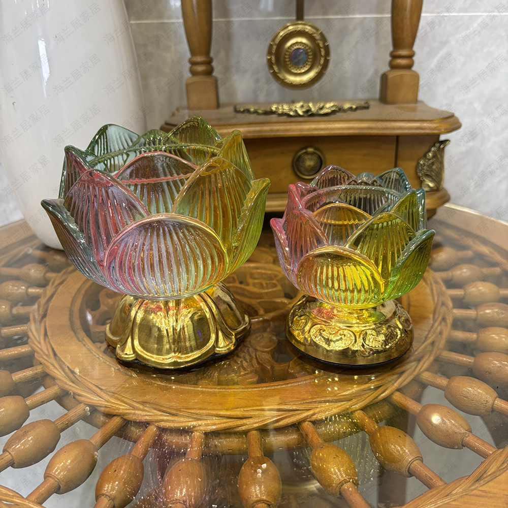 黄铜脚七彩水晶玻璃酥油佛灯供台莲花小烛台