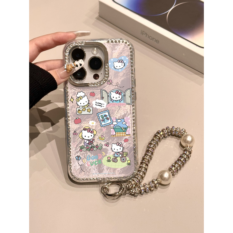 不撞款精致KT猫适用苹果15promax手机壳闪钻边框16pro/14防保护壳