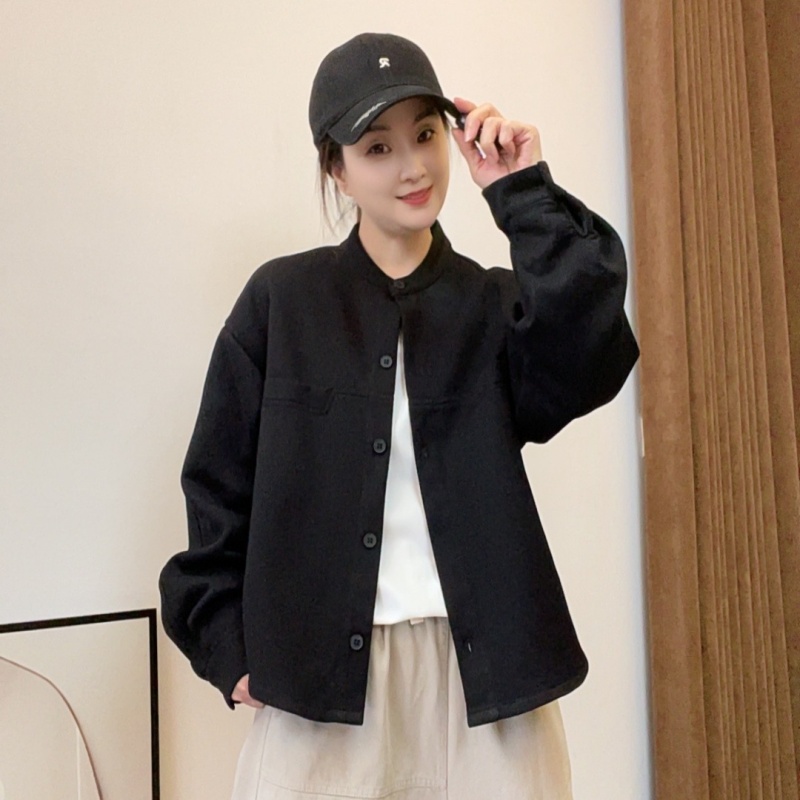 25027#休闲开衫百搭立领保暖纯色短款女耐磨单排扣衬衫短外套