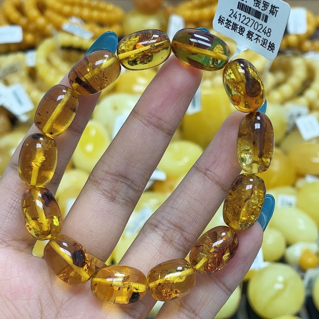 蜜蜡未镶嵌珠宝奇石花*姜10+mm花珀随型手串瑕