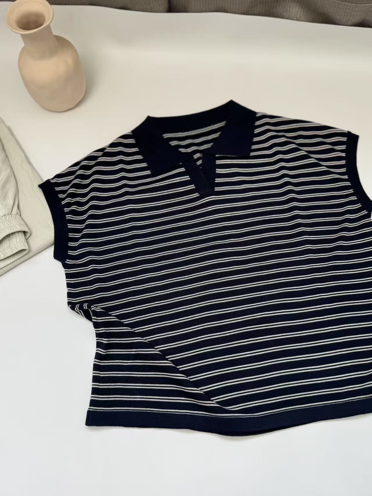 【欧琲】F-338#条纹POLO领针织上衣