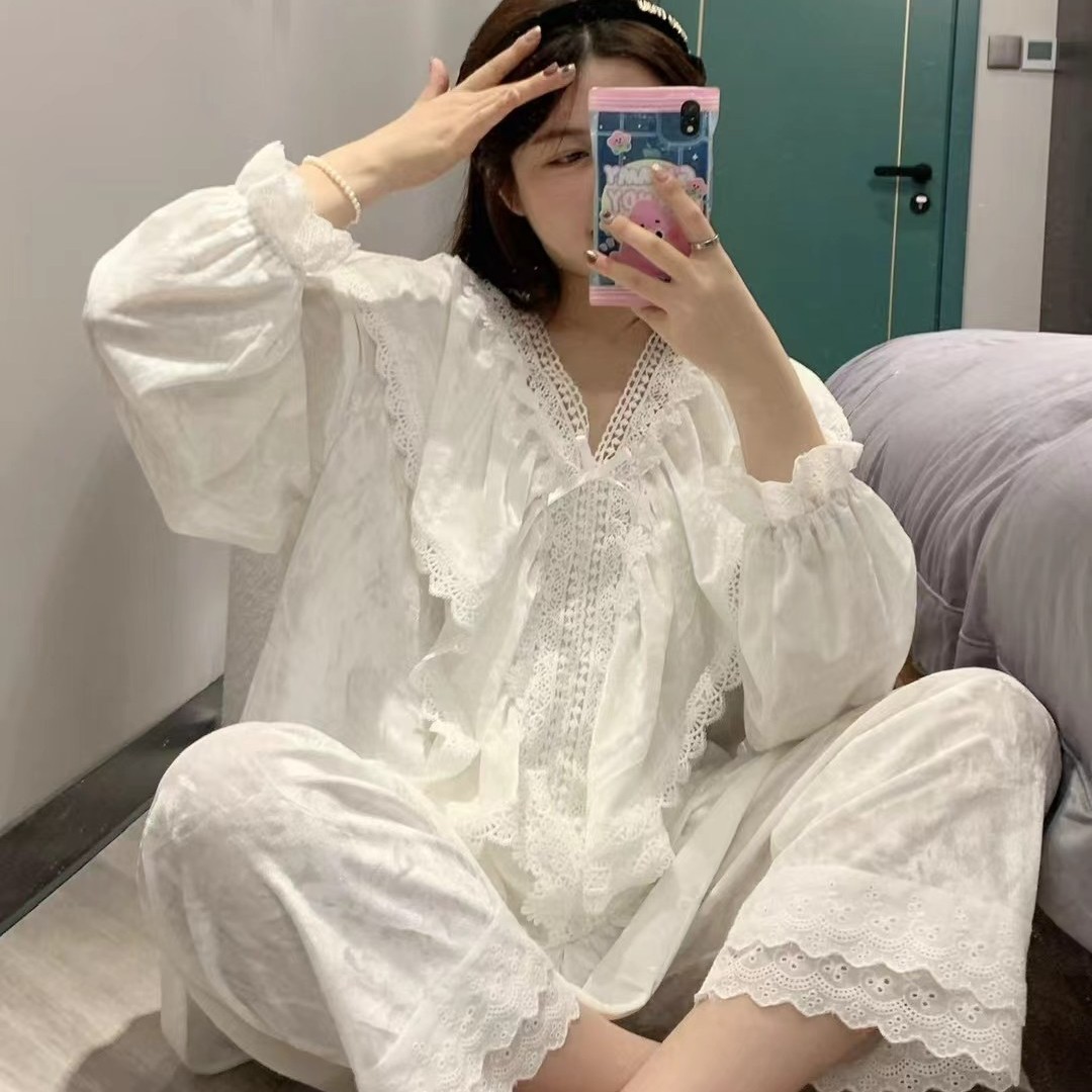 性感蕾丝花边金丝绒钻石绒公主风长袖大码睡衣家居服套装
